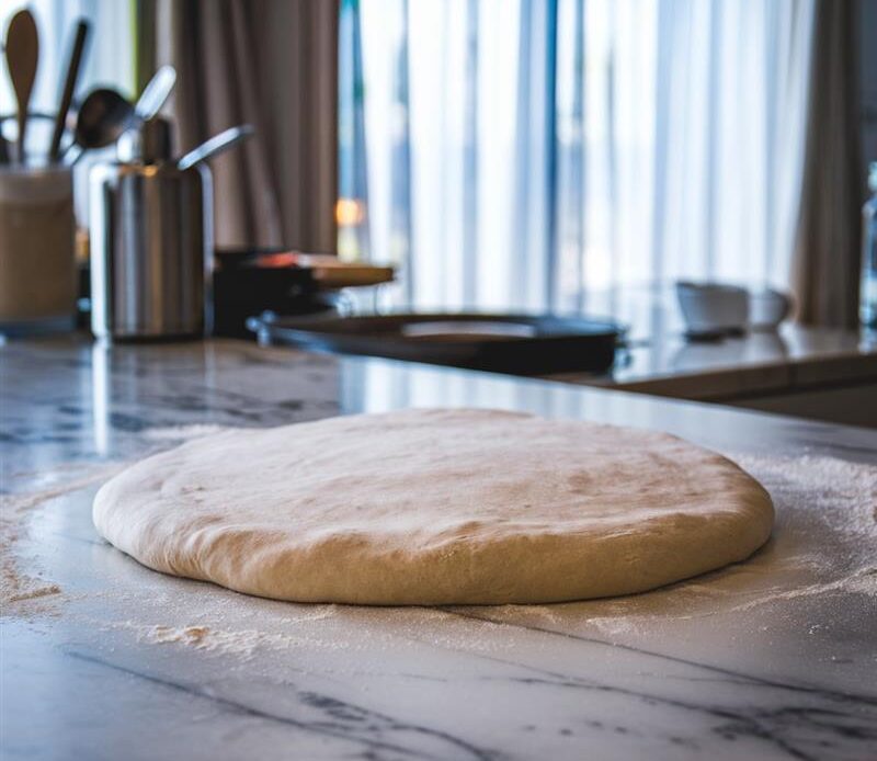 Step-by-step visuals of an Italian pizza dough recipe, showcasing ingredients and techniques for creating a flavorful, chewy pizza crust at home.